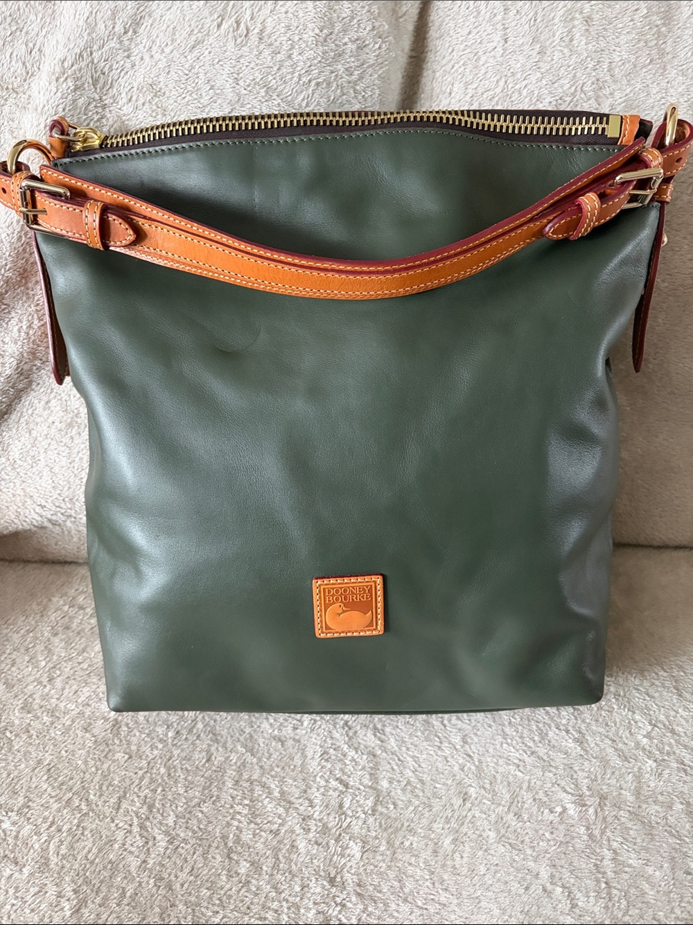 Dooney & Bourke Dark Green Leather Bucket Bag with Tan Trim